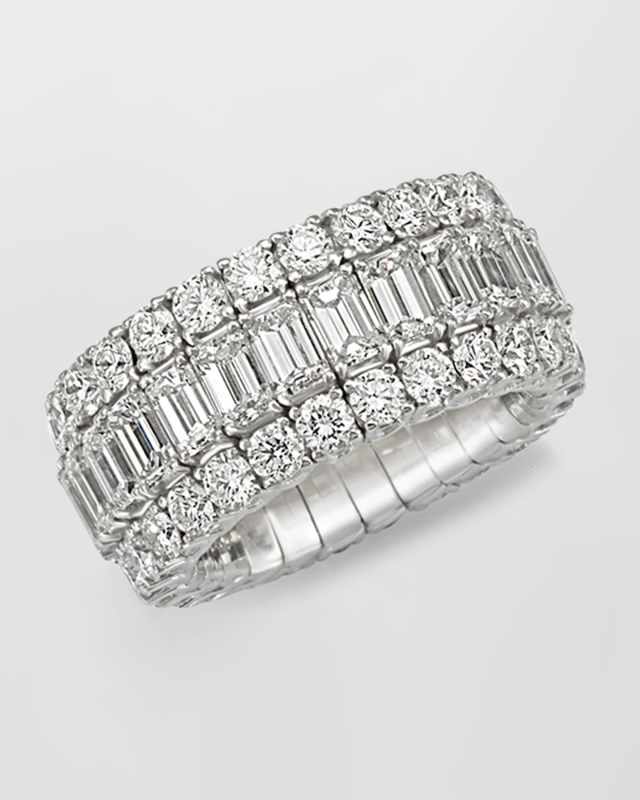 18K White Gold Xpandable FG/VVS Emerald Cut and Round Diamond Ring, Size 6.5